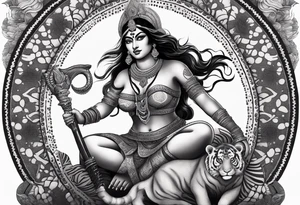 kali, durga goddess, riding a tiger, pirate, pachamama, rebel, chest tatoo, lotus, piarte tattoo idea