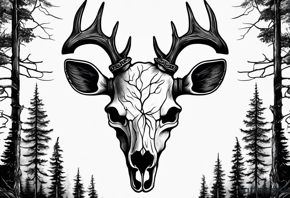 scary side view of a DECAYING deer skull JUST BONE surrounded by a forest fire in background tattoo idea