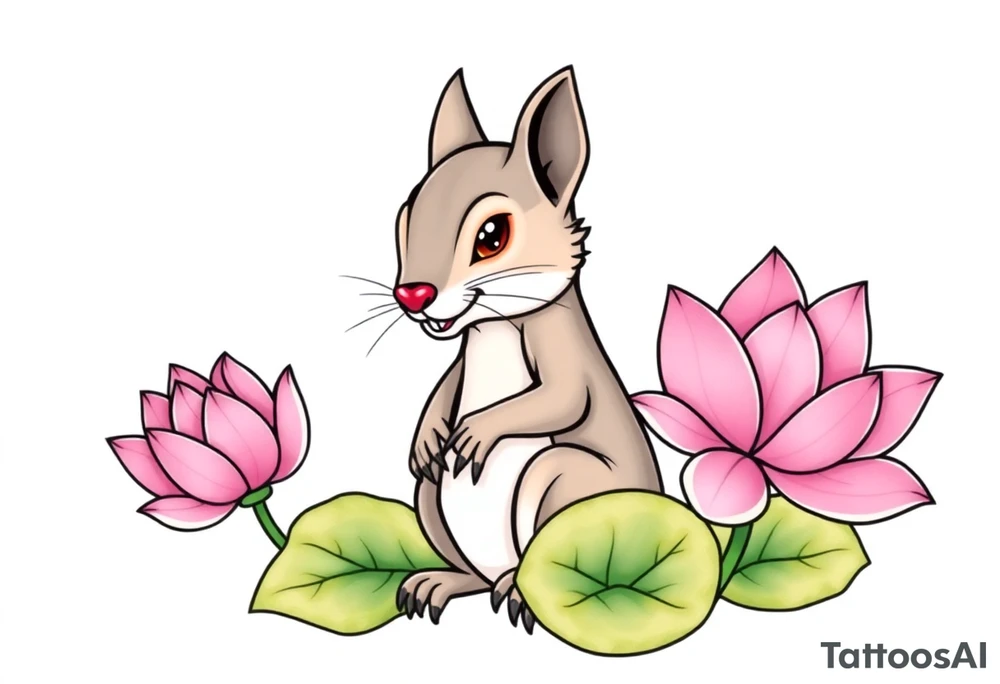 Fierce rabbid squirrel blooming lotus flowers tattoo idea