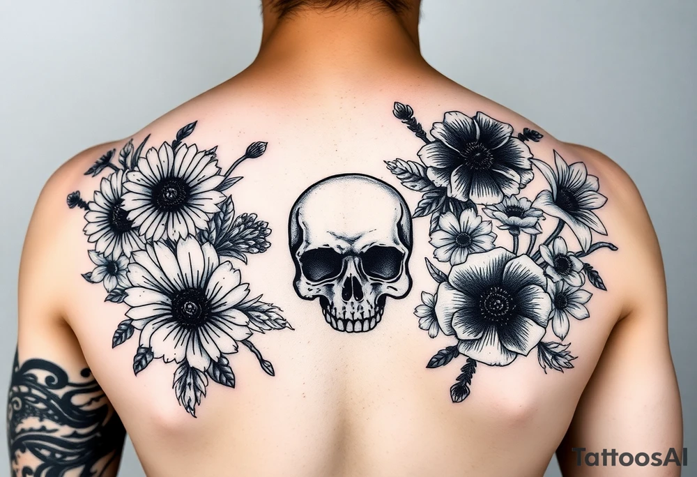 Half sleeve of Dark gothic florals with daisies, poppies,  white narcissus, sweet peas and gladiolus with a skull tattoo idea