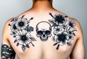 Half sleeve of Dark gothic florals with daisies, poppies,  white narcissus, sweet peas and gladiolus with a skull tattoo idea