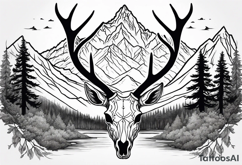 deer skull with mountains and trees tattoo idea
