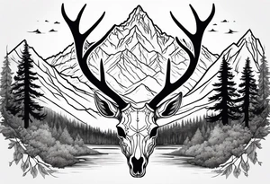 deer skull with mountains and trees tattoo idea