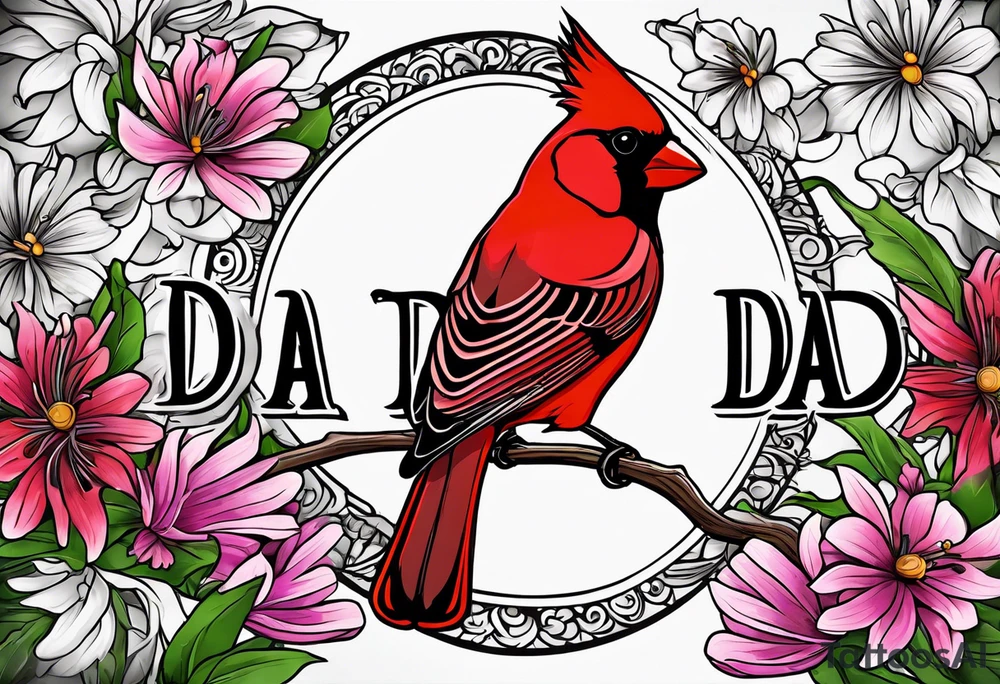Aster flowers and sea rocket flowers with a cardinal around the words Dad tattoo idea