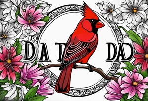 Aster flowers and sea rocket flowers with a cardinal around the words Dad tattoo idea