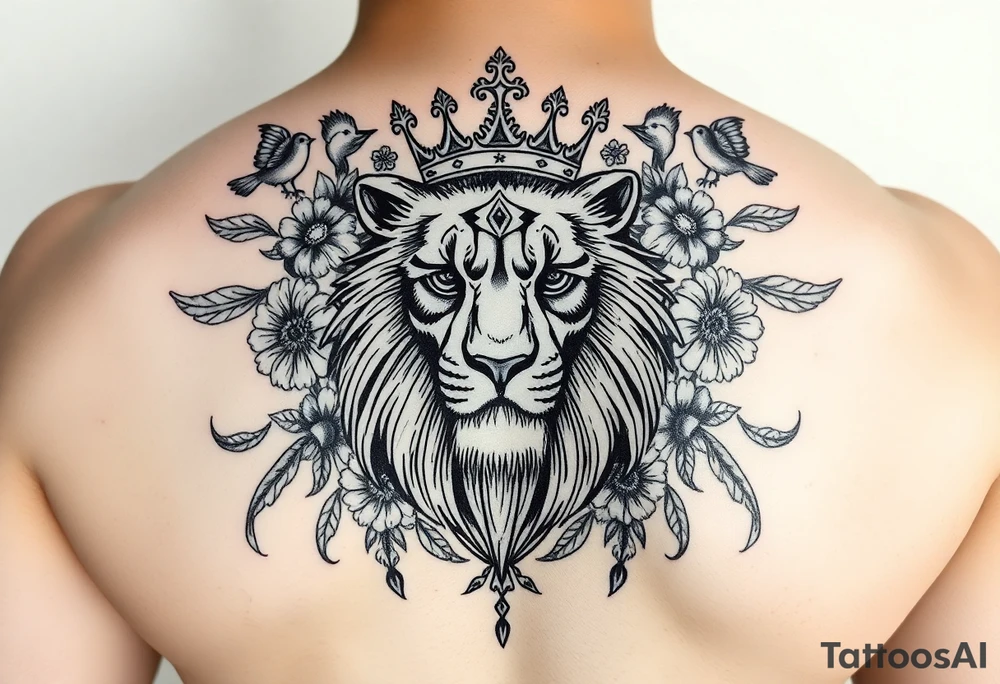 powerful majestic lion with a crown, surrounded by floral ornaments and birds tattoo idea