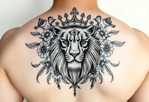 powerful majestic lion with a crown, surrounded by floral ornaments and birds tattoo idea