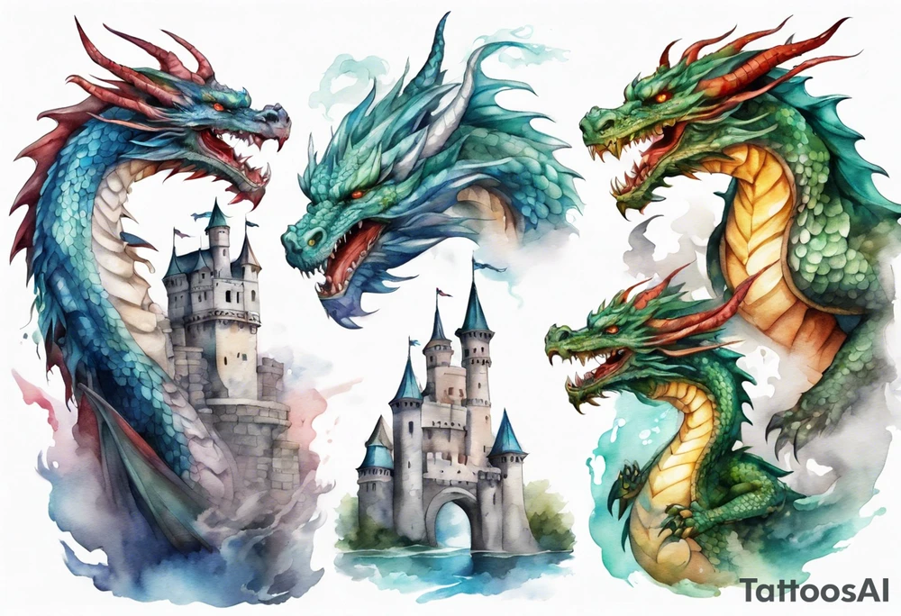 realistic mystic dragons protecting a castle tattoo idea