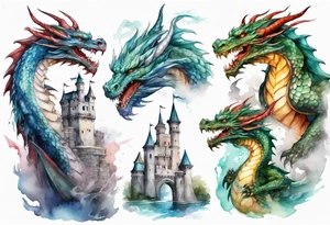 realistic mystic dragons protecting a castle tattoo idea