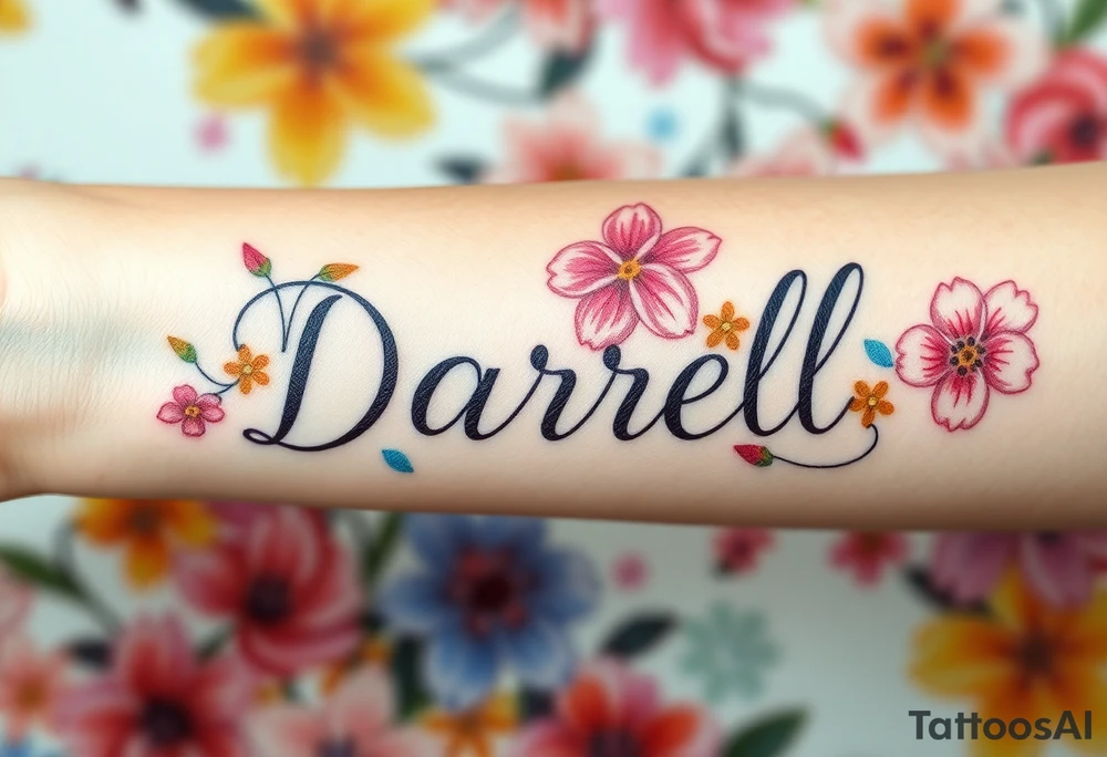 Bold colors, 1 inch font, "Darrell" with lots of whimsical background, add lots of flowers, more background flowers of different colors, sizes and shapes tattoo idea
