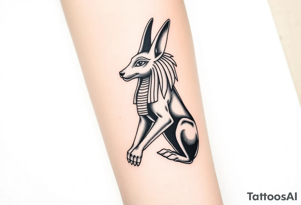 Design a tattoo of Anubis, as though it was carved into stone, it should have a sculptural stone like featured with a classic Anubis style their design should fill a forearm and be hyper, realistic, black, and gray tattoo idea