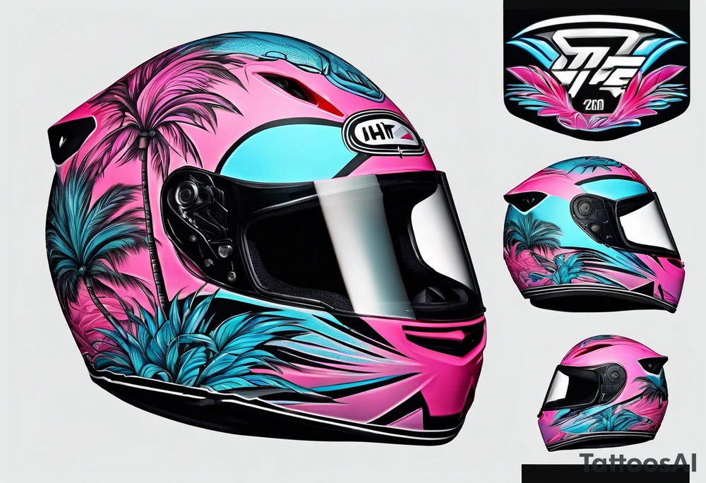 formula 1 helment with a palm tree and black light blue and pink colors tattoo idea