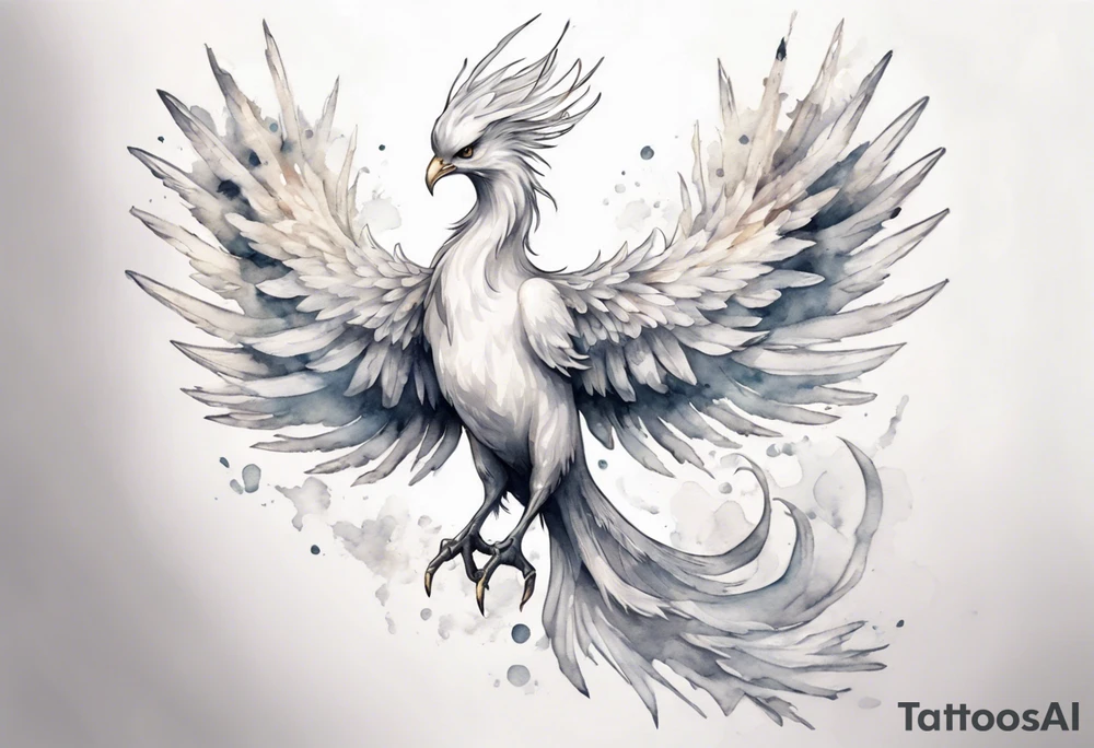 a white phoenix wearing a small crown, flying in the air tattoo idea