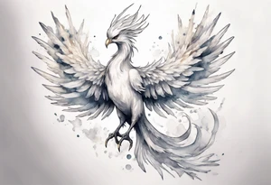 a white phoenix wearing a small crown, flying in the air tattoo idea