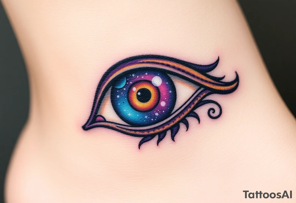 A celestial Eye of Horus with a cosmic galaxy inside the iris, swirling in shades of purple, blue, and gold tattoo idea
