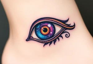 A celestial Eye of Horus with a cosmic galaxy inside the iris, swirling in shades of purple, blue, and gold tattoo idea