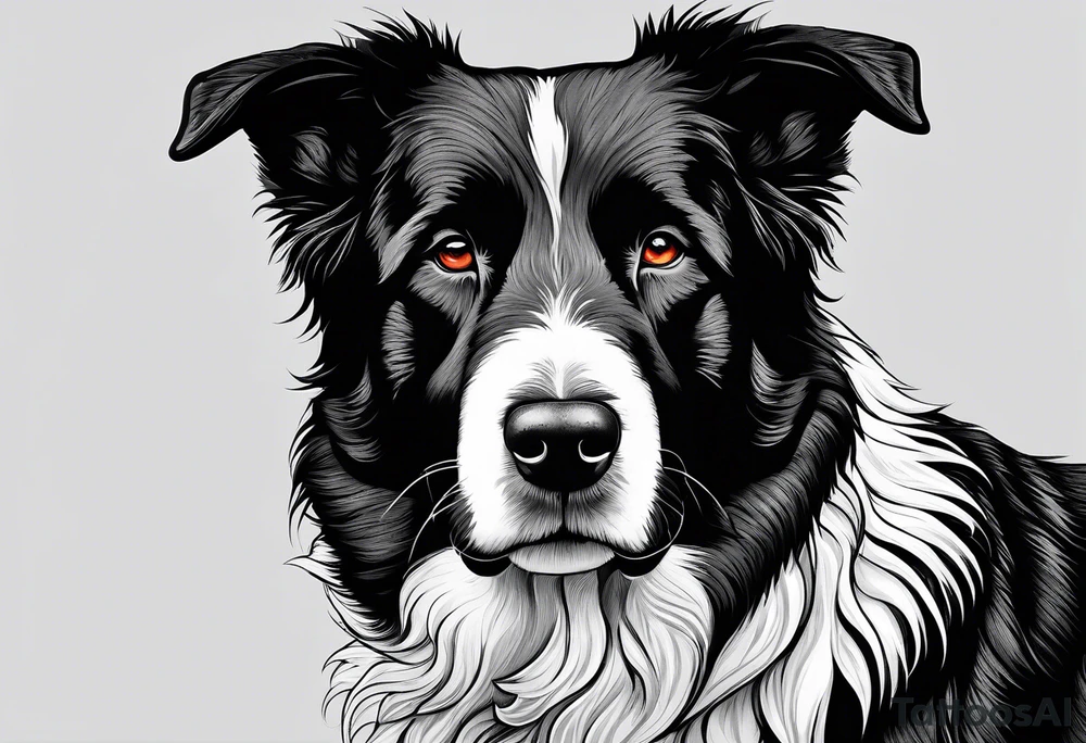 Sheepdog all black short hair with white nose one eye open one eye closed . Muay Thai symbol behind him tattoo idea