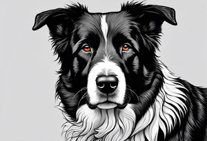 Sheepdog all black short hair with white nose one eye open one eye closed . Muay Thai symbol behind him tattoo idea