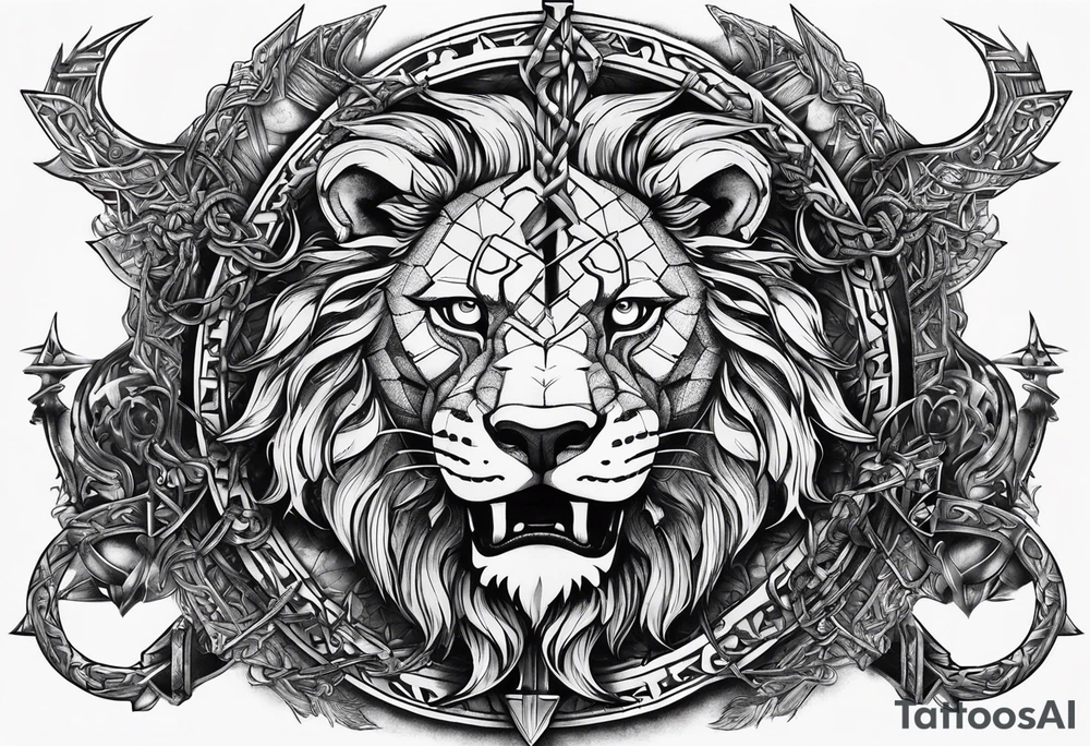 Valhalla sword shield  axe lion 
Valknut barbed wire chains tattoo idea