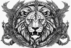 Valhalla sword shield  axe lion 
Valknut barbed wire chains tattoo idea