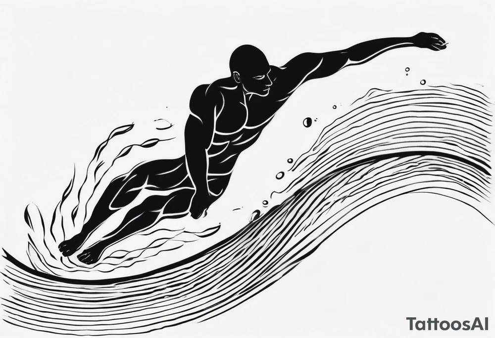 three lines mimicking water. A man horizontally crawl swimming in the water. The man is made from simple lines only tattoo idea