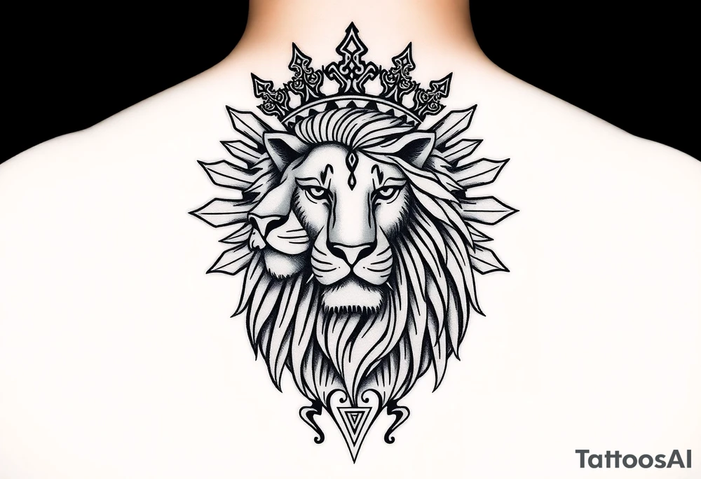 A majestic Persian lion with a radiant sun behind it, inspired by the ancient 'Lion and Sun' emblem of Iran. The lion wears a regal Persian crown, symbolizing power and sovereignty. The design elegantly incorporates the 'Faravahar' symbol, blending its wings and spiritual elements into the composition. The artwork is intricate, with fine ornamental Persian patterns, evoking a historical yet modern tattoo style. The atmosphere is grand, with a bold blackwork and neo-traditional tattoo aesthetic.
faravahar and lion tattoo idea