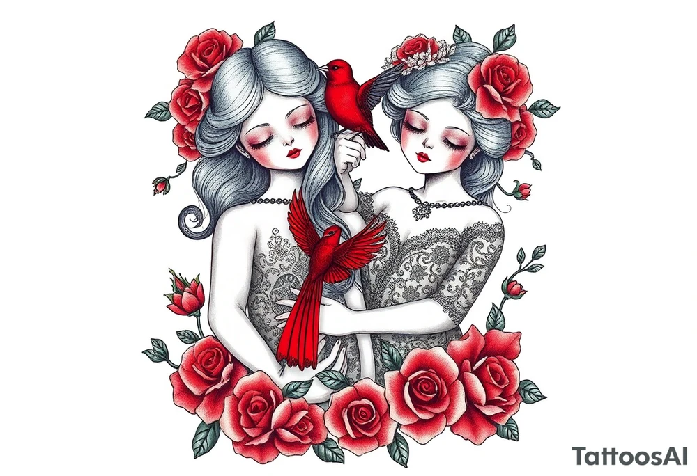 Vintage dollies, red roses, lace, red bird, vintage, wrap around, tighter together, no space open, no woman tattoo idea
