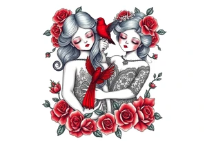 Vintage dollies, red roses, lace, red bird, vintage, wrap around, tighter together, no space open, no woman tattoo idea