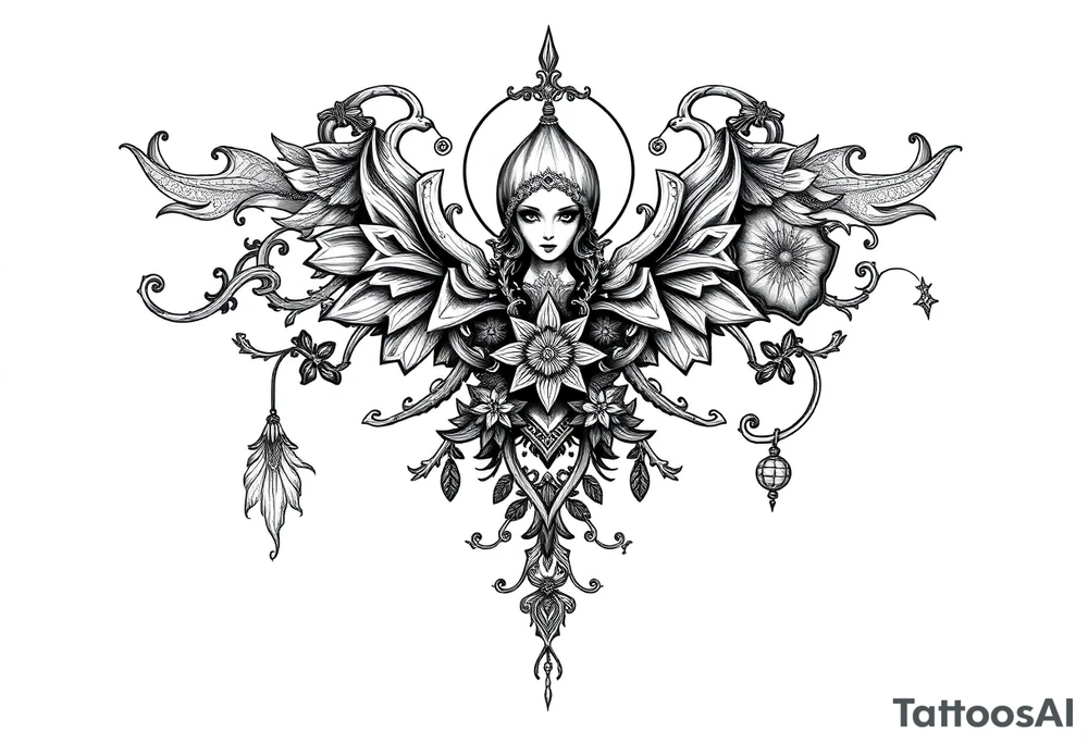 mystical and long ornament with witch mytolog and ancient rhyme tattoo idea