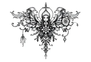 mystical and long ornament with witch mytolog and ancient rhyme tattoo idea