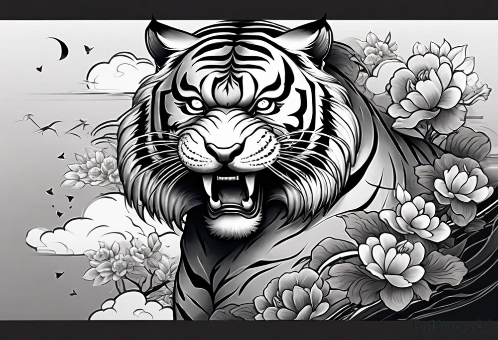 Asian Japanese Chinese style tiger with a full body not just head twisting body for a forearm half sleeve, clouds tattoo idea