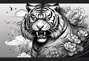 Asian Japanese Chinese style tiger with a full body not just head twisting body for a forearm half sleeve, clouds tattoo idea