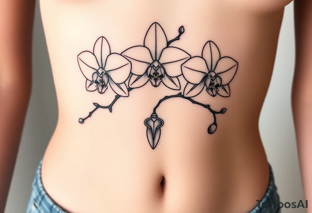 3 delicate fine line orchids realistic with a mix with vagina and branching tattoo idea