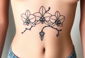 3 delicate fine line orchids realistic with a mix with vagina and branching tattoo idea
