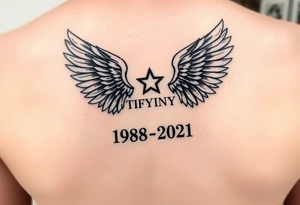 Simple Angle wings with Tiffany in the middle and 1978-2021 under it wrist tatto tattoo idea