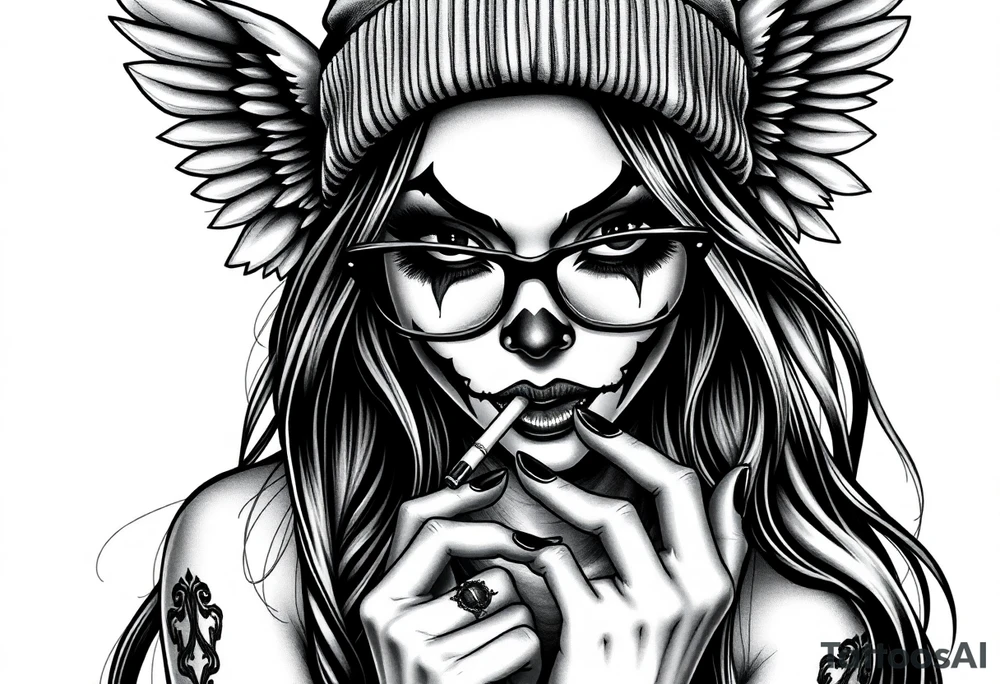 Chicana sexy beautiful long hair clown makeup angel wings thug beanie eyeglasses smoking a cigarette tattoo idea