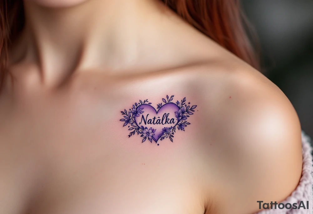 A soft purple heart with floral accents surrounding the name Natálka. tattoo idea