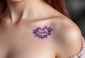 A soft purple heart with floral accents surrounding the name Natálka. tattoo idea
