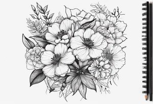 Birth flower bouquet with months of January February March May September December tied together with name “McMahon” on one side and “Jenny” on other side tattoo idea