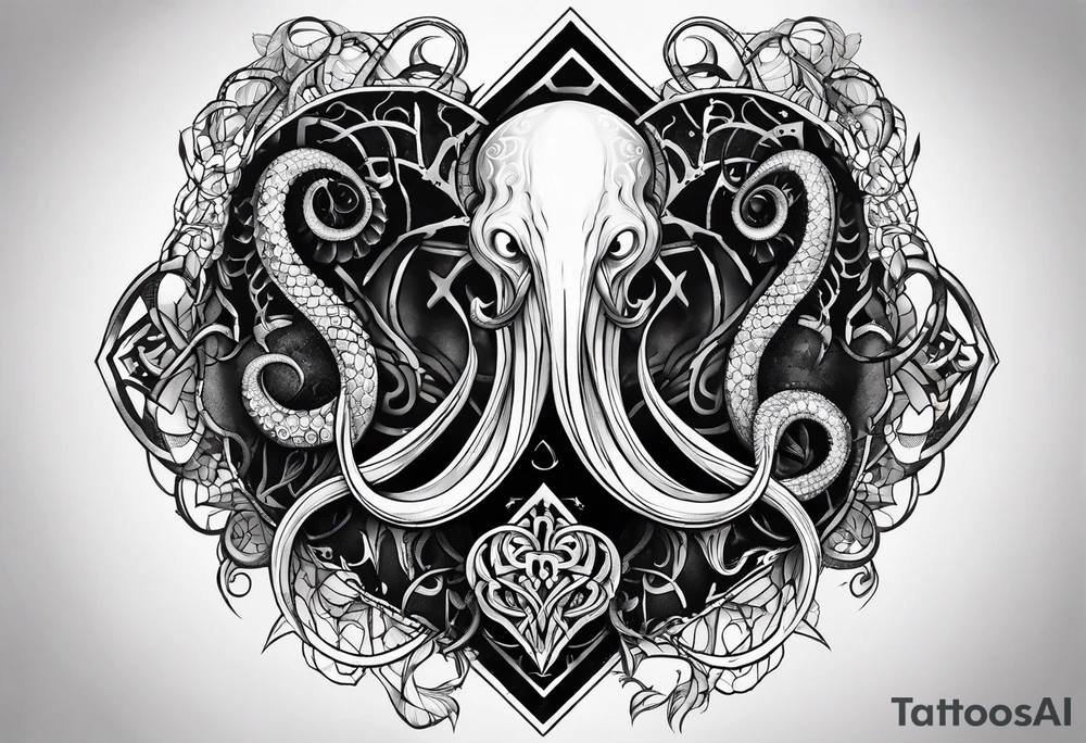 Long tattoo for forearm. Lovecraftian creature, with technological elements. Tentacles protect a heart. tattoo idea