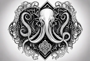 Long tattoo for forearm. Lovecraftian creature, with technological elements. Tentacles protect a heart. tattoo idea