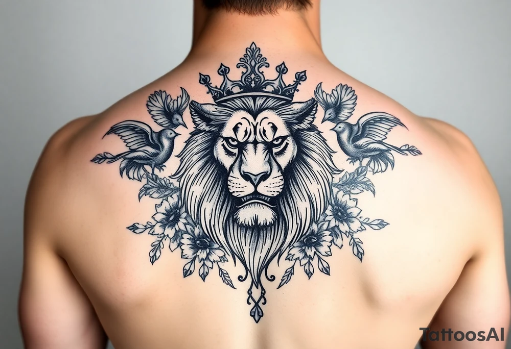 powerful majestic lion with a crown, surrounded by floral ornaments and birds tattoo idea