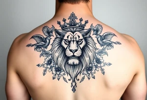 powerful majestic lion with a crown, surrounded by floral ornaments and birds tattoo idea