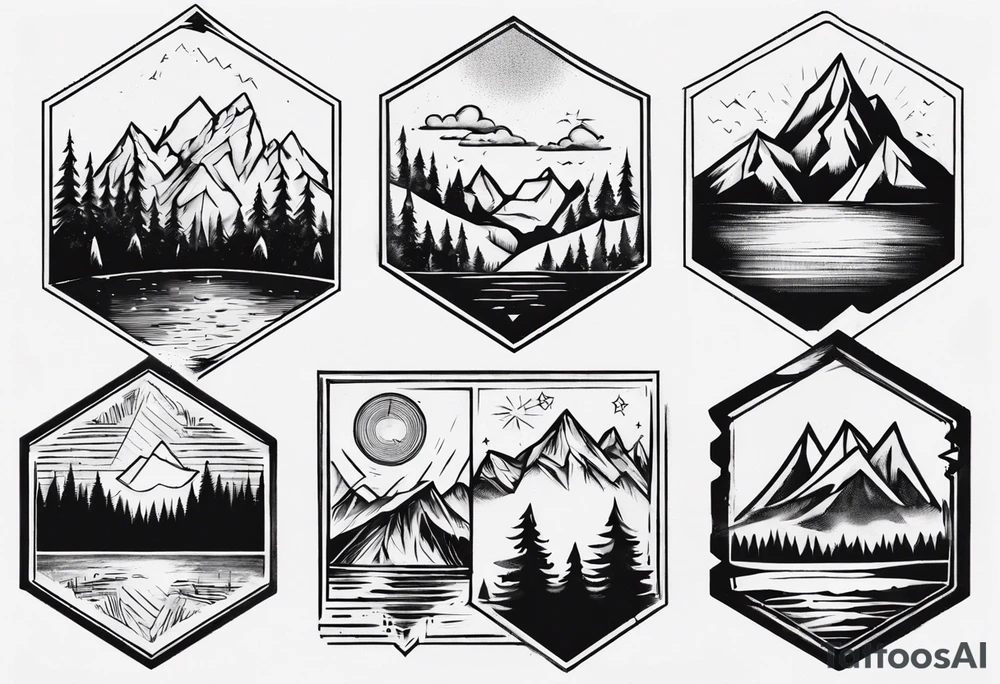 A hexagon with a mountain in the background on the right, the sun on the left, a coniferous forest in the foreground and a lake on the bottom tattoo idea