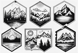 A hexagon with a mountain in the background on the right, the sun on the left, a coniferous forest in the foreground and a lake on the bottom tattoo idea