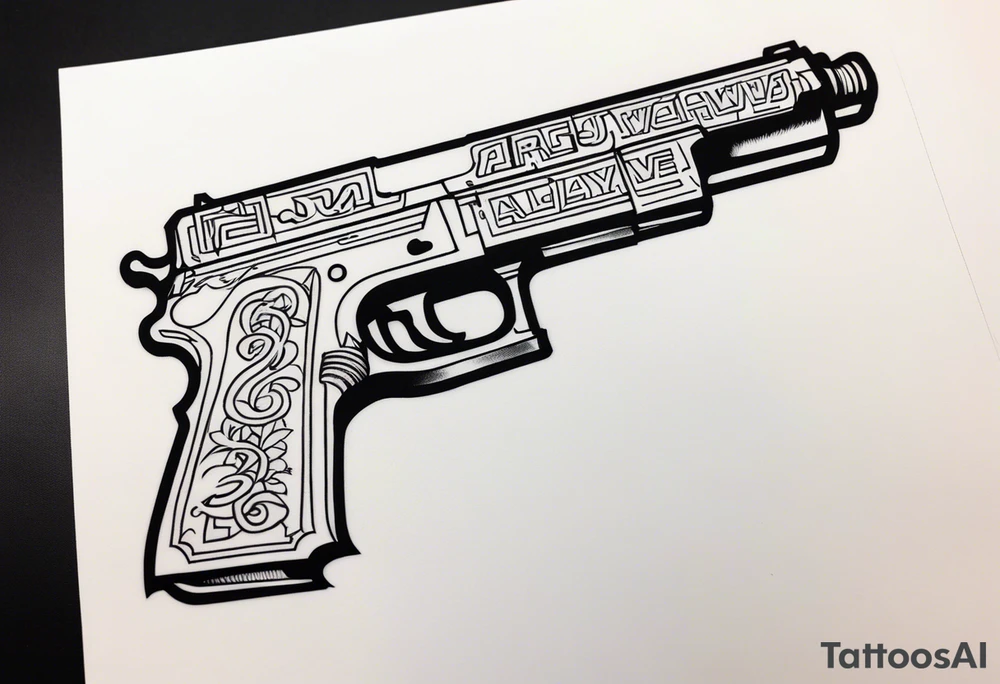 The letters AR with a pistol on each side and the word always on the top and ready on the bottom tattoo idea