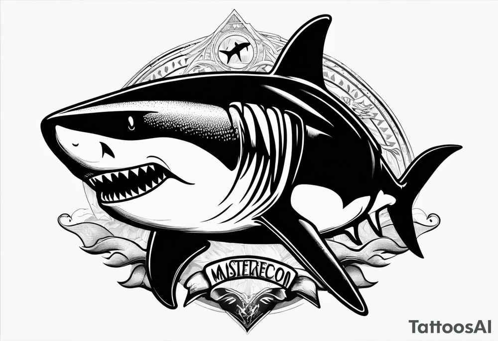megalodon ni text vertically with the cute shark and the water wrapping around the text tattoo idea
