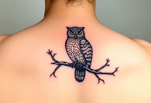 wise owl perched on ancient oak branch under starlit sky tattoo idea