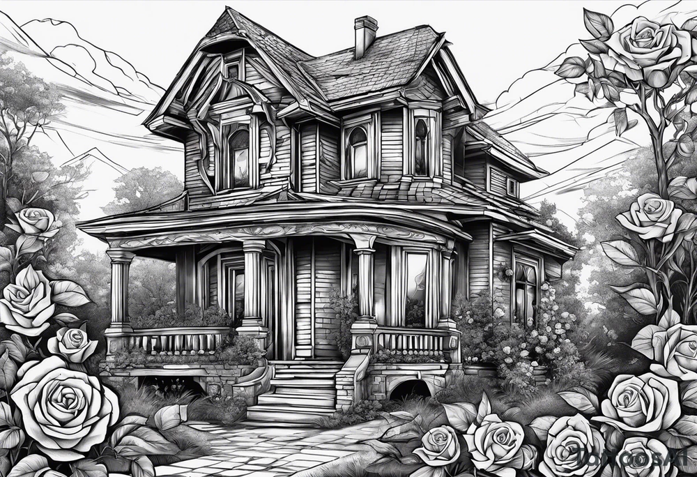 abandoned old house, broken sword, roses, тату рукав tattoo idea
