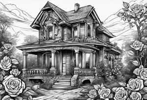 abandoned old house, broken sword, roses, тату рукав tattoo idea